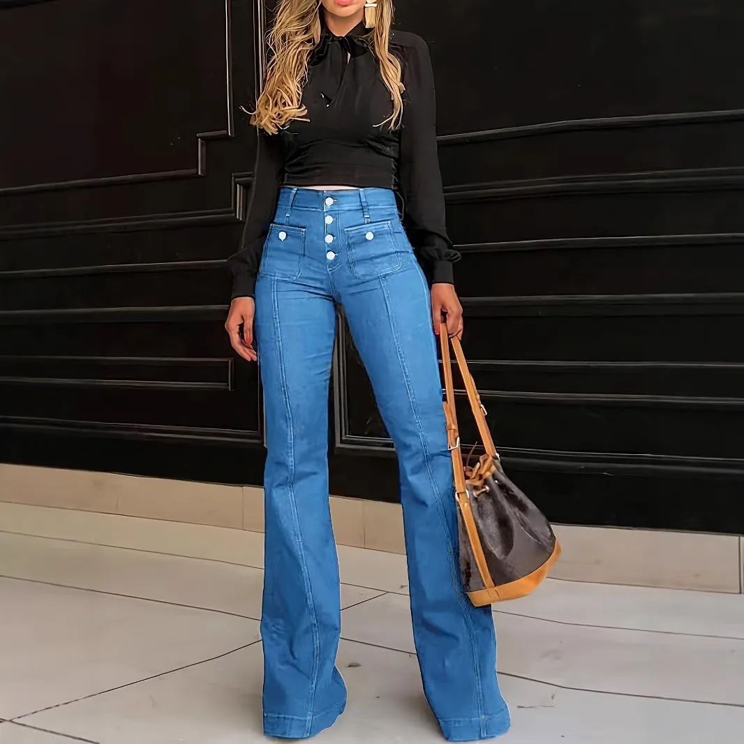 Womens High Waisted Jeans Bell Bottom Curvy Fit Bootcut Denim Pants Slim Stretch Straight Leg Trouser with Pockets