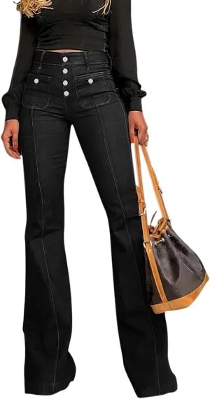 Womens High Waisted Jeans Bell Bottom Curvy Fit Bootcut Denim Pants Slim Stretch Straight Leg Trouser with Pockets