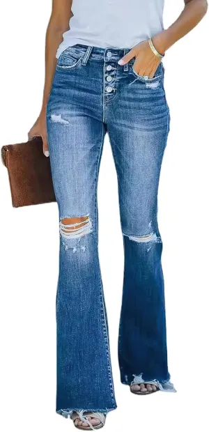 Women's Jeans High Waisted Stretch Distressed Tummy Straight Ankle Boyfriend Frayed Skinny Denim Pants