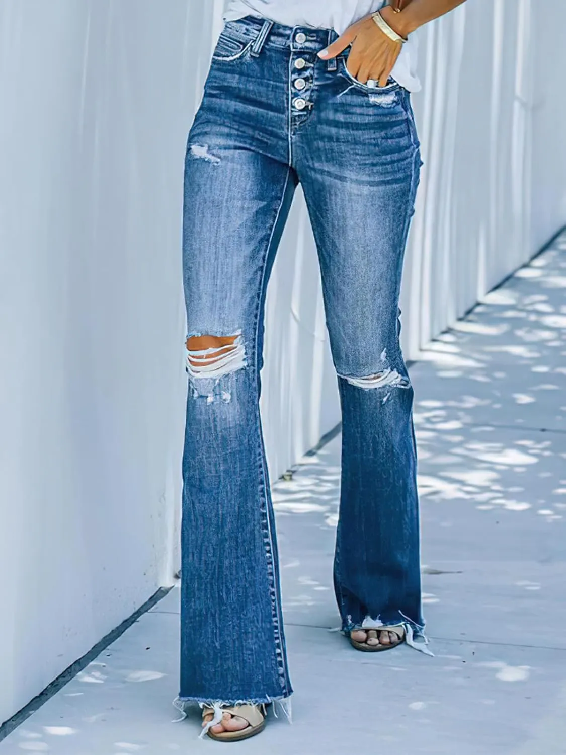 Women's Jeans High Waisted Stretch Distressed Tummy Straight Ankle Boyfriend Frayed Skinny Denim Pants