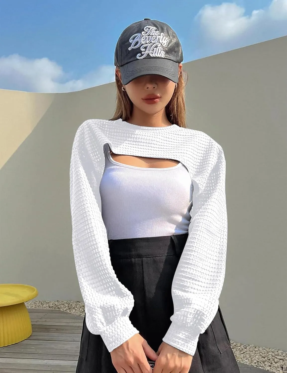 Women's Knitted Crop Top Long Sleeve Hollow Out Shrug Sweater Y2K Knit Cover Up Tops