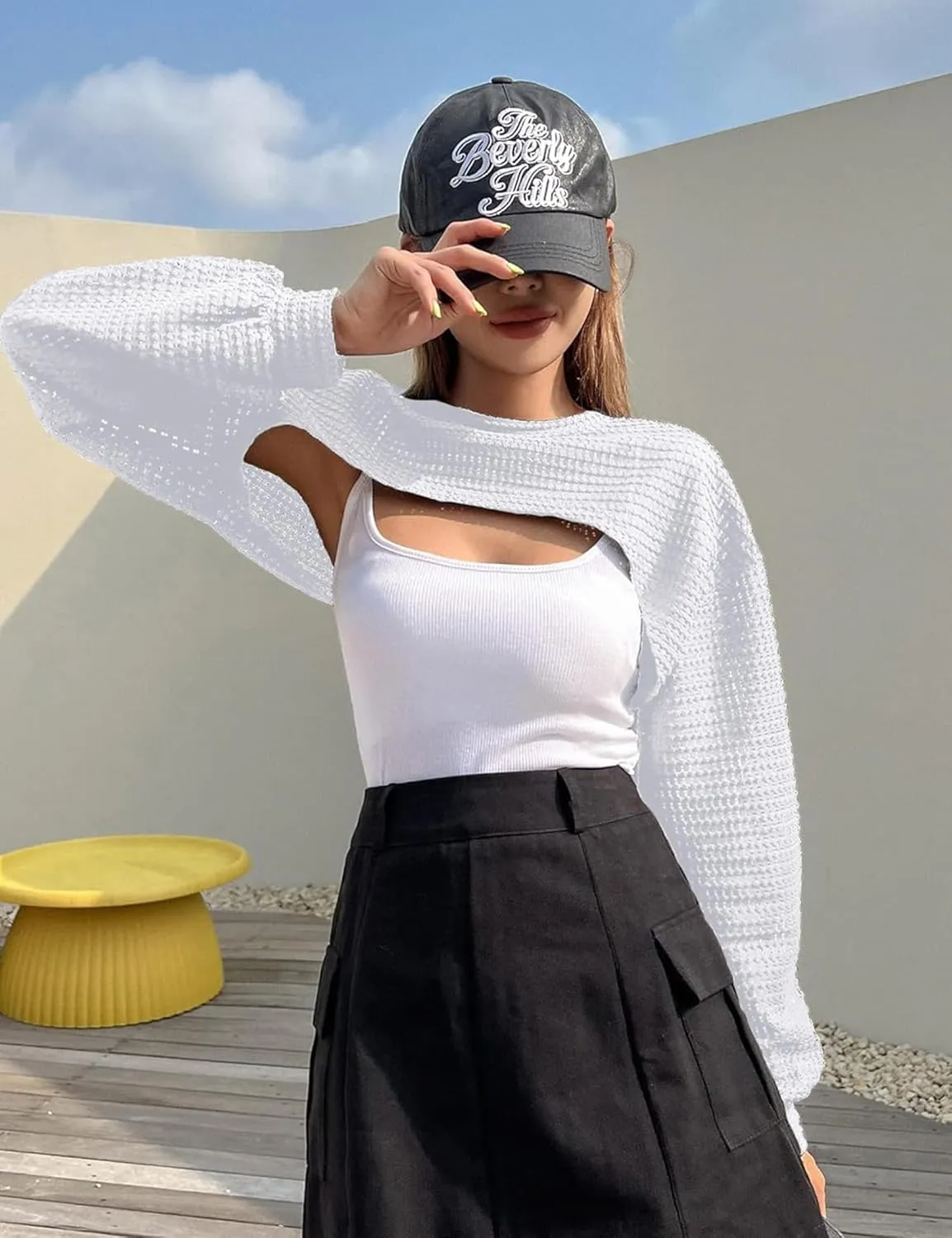 Women's Knitted Crop Top Long Sleeve Hollow Out Shrug Sweater Y2K Knit Cover Up Tops