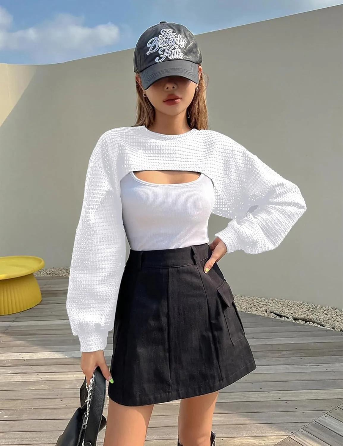 Women's Knitted Crop Top Long Sleeve Hollow Out Shrug Sweater Y2K Knit Cover Up Tops