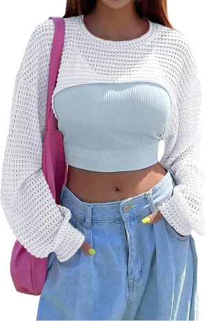 Women's Knitted Crop Top Long Sleeve Hollow Out Shrug Sweater Y2K Knit Cover Up Tops