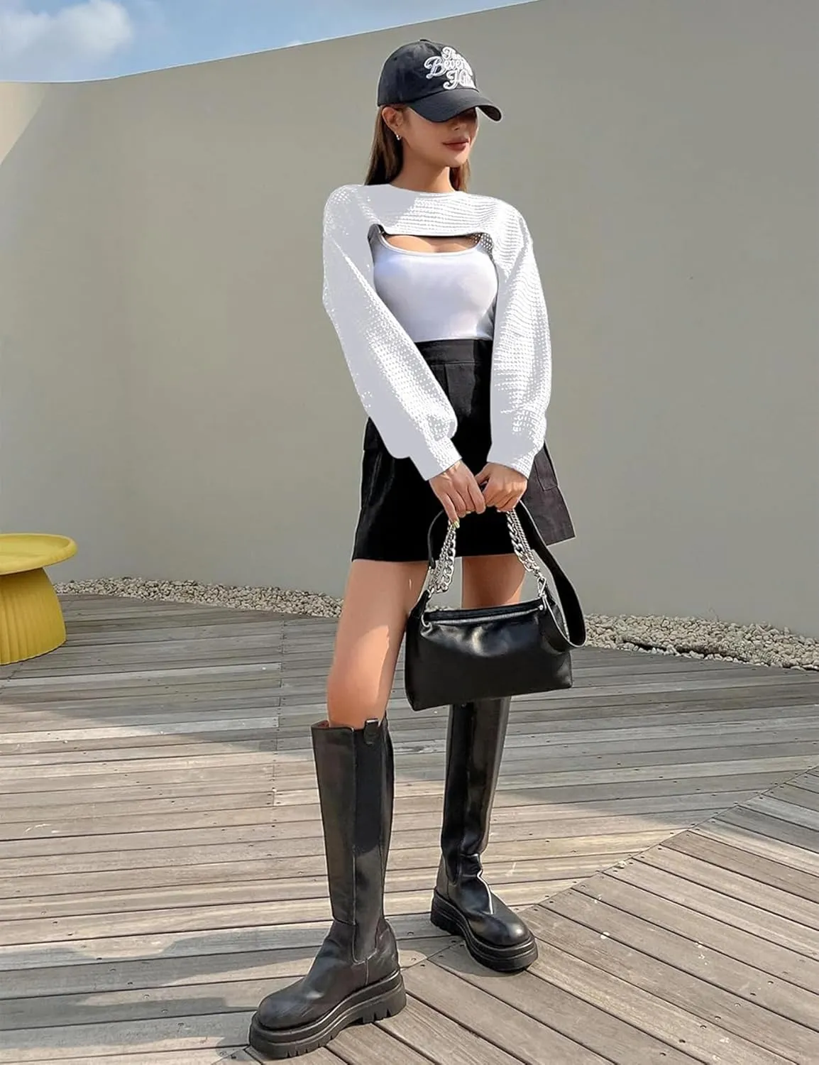 Women's Knitted Crop Top Long Sleeve Hollow Out Shrug Sweater Y2K Knit Cover Up Tops