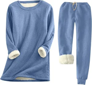 Womens Lounge Set Fleece Lined Sweatshirt and Jogger Pants Warm Cozy Relaxed Winter Fit 2 Piece Outfit