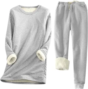 Womens Lounge Set Fleece Lined Sweatshirt and Jogger Pants Warm Cozy Relaxed Winter Fit 2 Piece Outfit