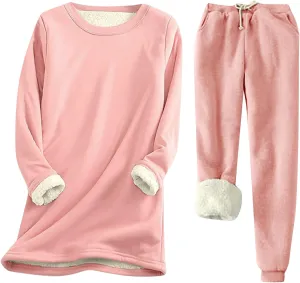 Womens Lounge Set Fleece Lined Sweatshirt and Jogger Pants Warm Cozy Relaxed Winter Fit 2 Piece Outfit