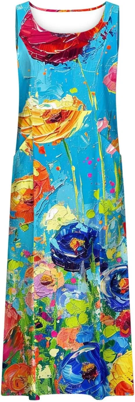 Womens Maxi Dresses Summer Trendy Print Boho Cotton Linen Sundress with Pockets Loose Flowy Swing Vacation Long Dress