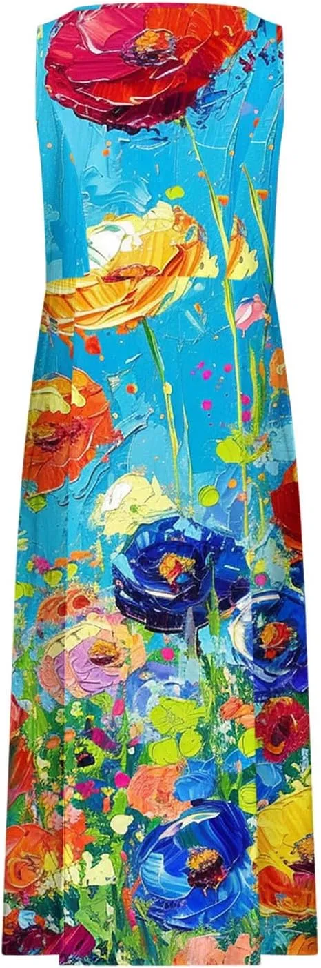Womens Maxi Dresses Summer Trendy Print Boho Cotton Linen Sundress with Pockets Loose Flowy Swing Vacation Long Dress