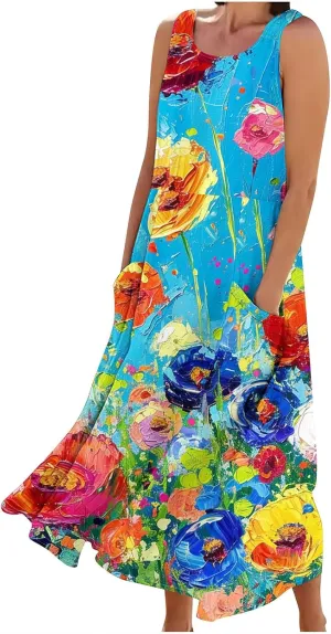 Womens Maxi Dresses Summer Trendy Print Boho Cotton Linen Sundress with Pockets Loose Flowy Swing Vacation Long Dress
