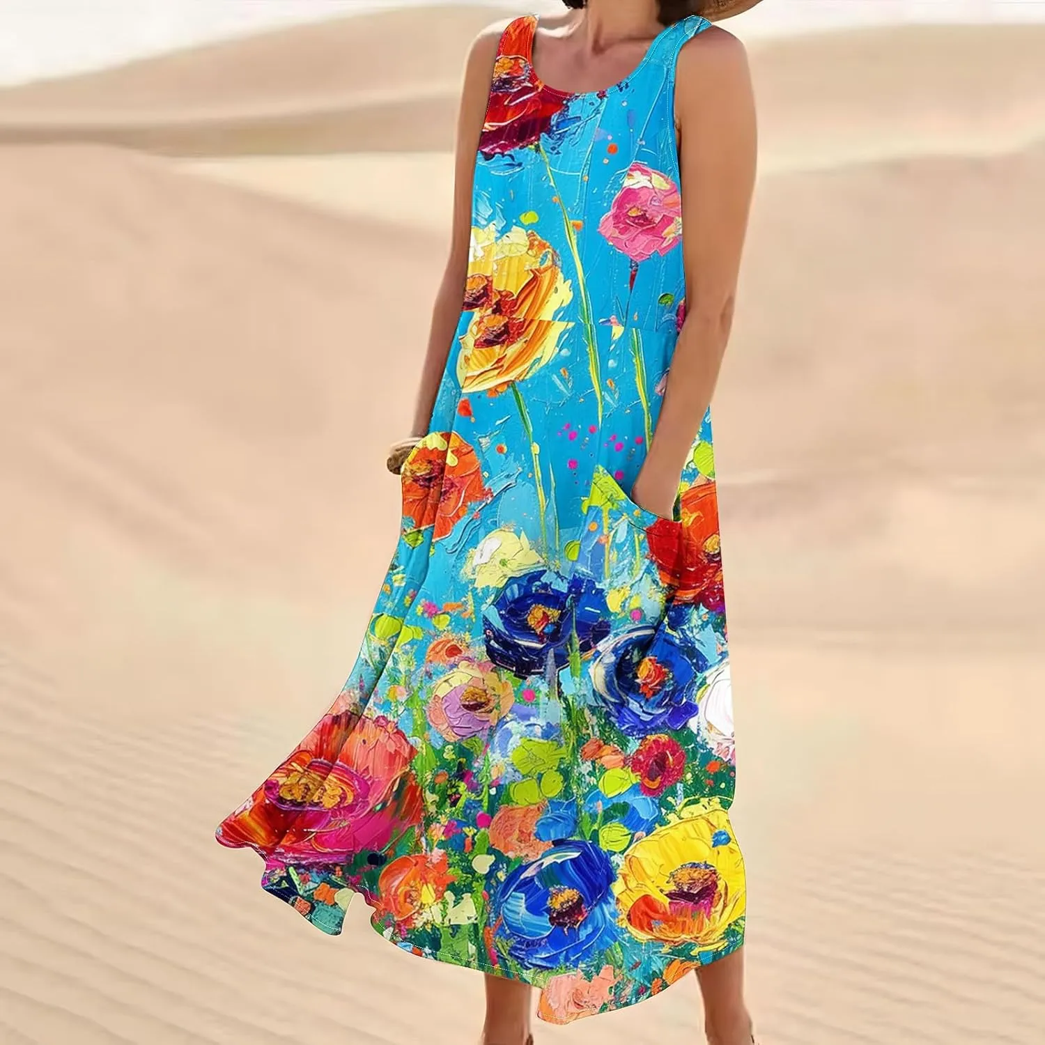 Womens Maxi Dresses Summer Trendy Print Boho Cotton Linen Sundress with Pockets Loose Flowy Swing Vacation Long Dress