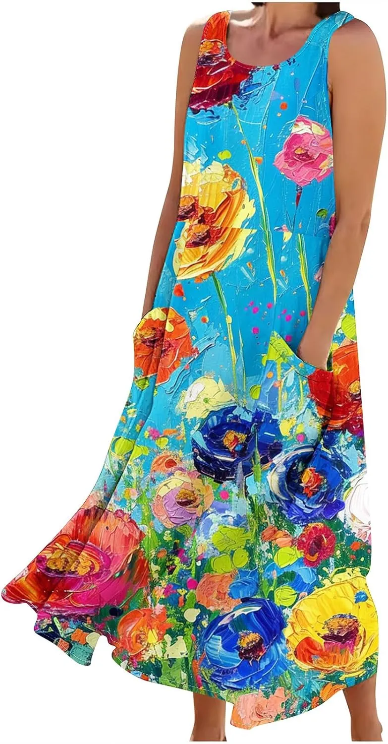 Womens Maxi Dresses Summer Trendy Print Boho Cotton Linen Sundress with Pockets Loose Flowy Swing Vacation Long Dress