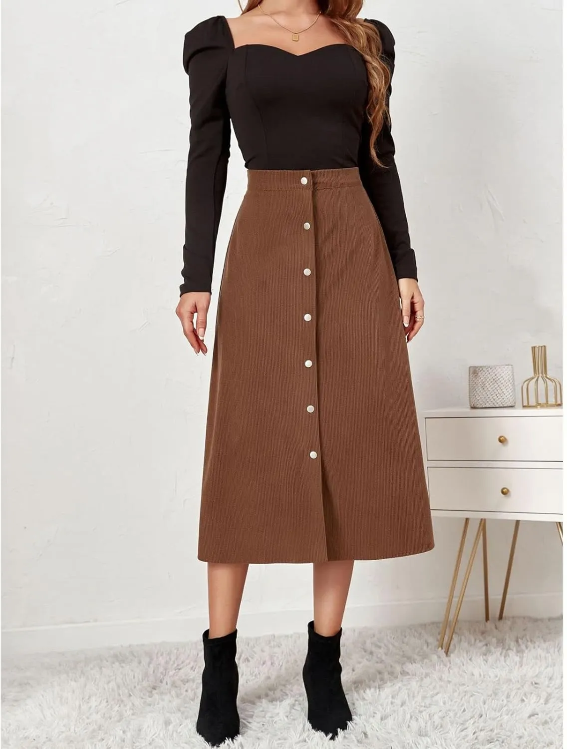 Women's Midi Skirt A line Button Front High Waist Vintage Retro Basic Skirt