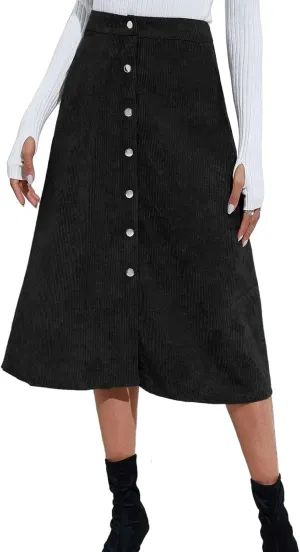 Women's Midi Skirt A line Button Front High Waist Vintage Retro Basic Skirt