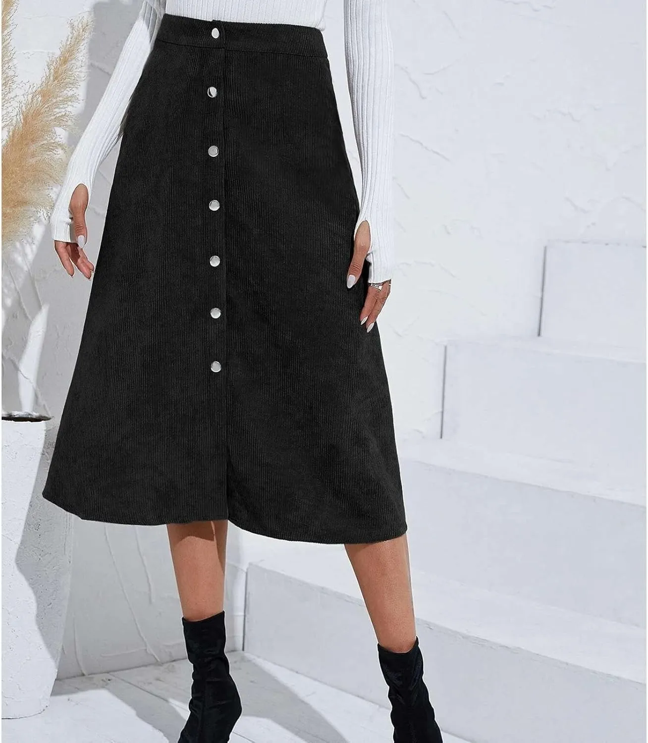 Women's Midi Skirt A line Button Front High Waist Vintage Retro Basic Skirt