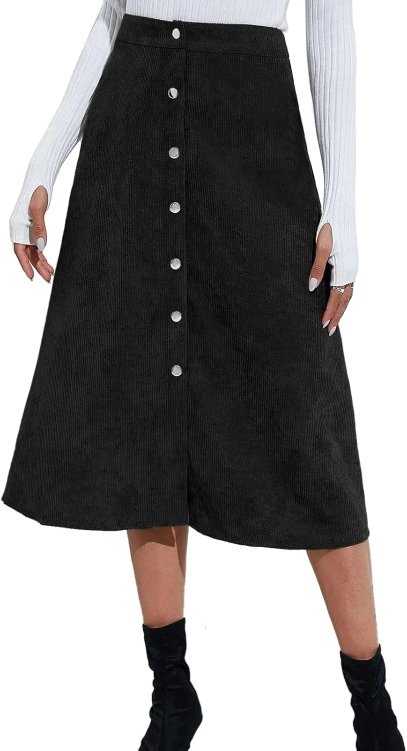 Women's Midi Skirt A line Button Front High Waist Vintage Retro Basic Skirt
