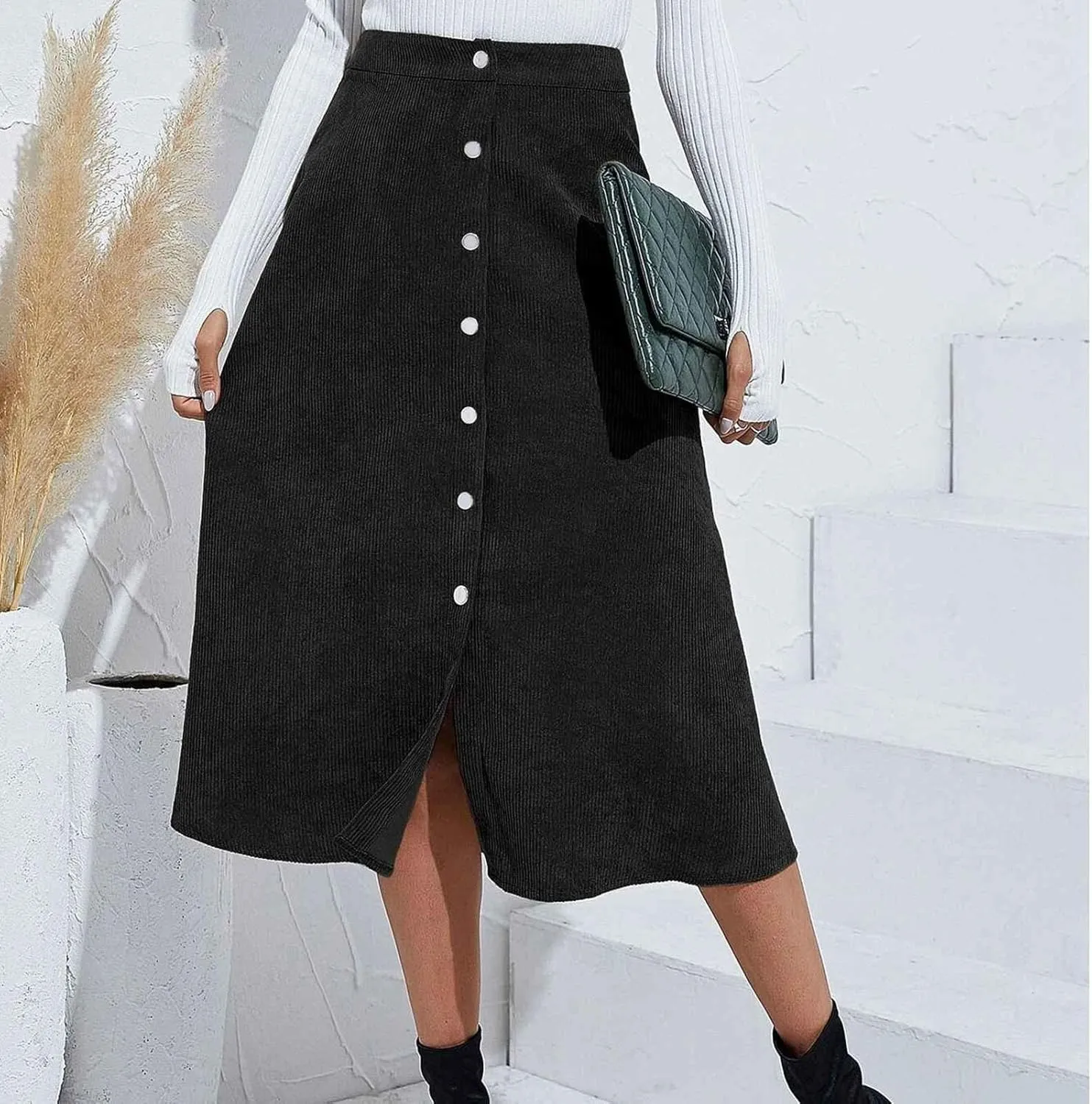 Women's Midi Skirt A line Button Front High Waist Vintage Retro Basic Skirt