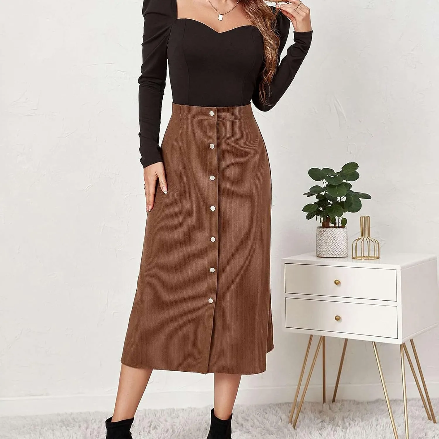 Women's Midi Skirt A line Button Front High Waist Vintage Retro Basic Skirt