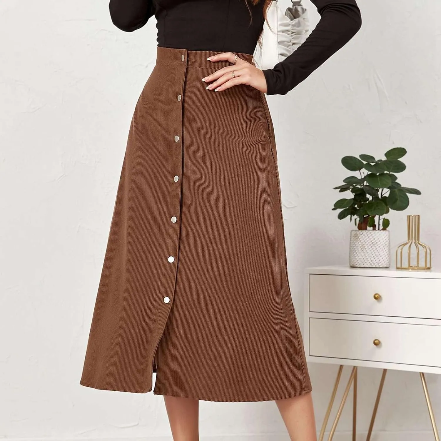 Women's Midi Skirt A line Button Front High Waist Vintage Retro Basic Skirt