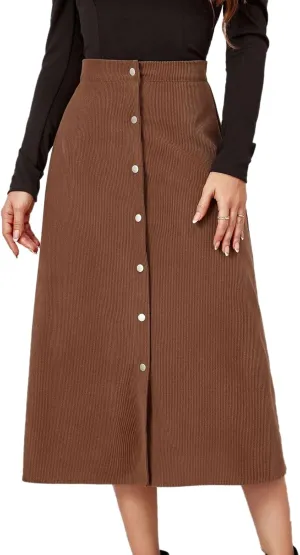 Women's Midi Skirt A line Button Front High Waist Vintage Retro Basic Skirt