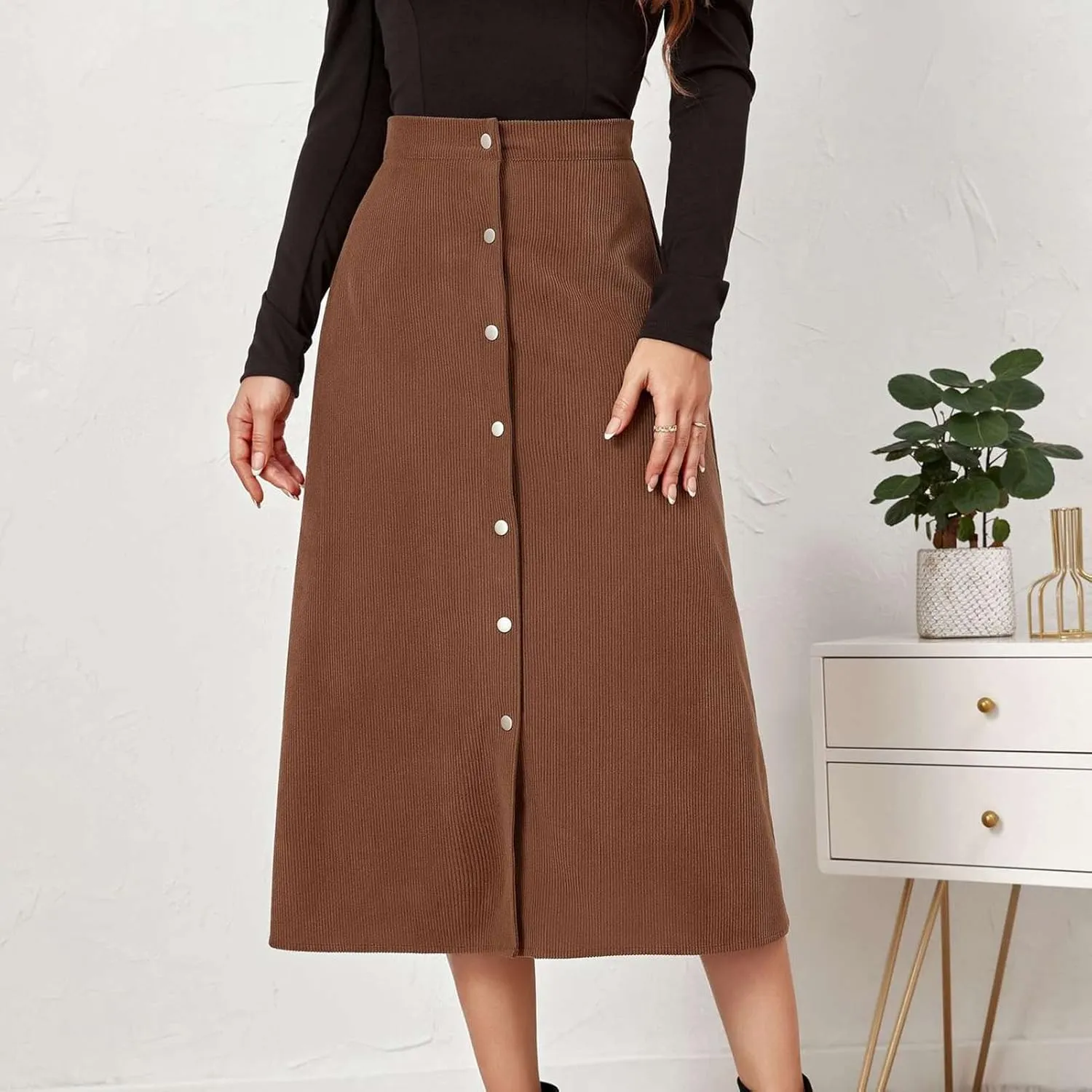 Women's Midi Skirt A line Button Front High Waist Vintage Retro Basic Skirt