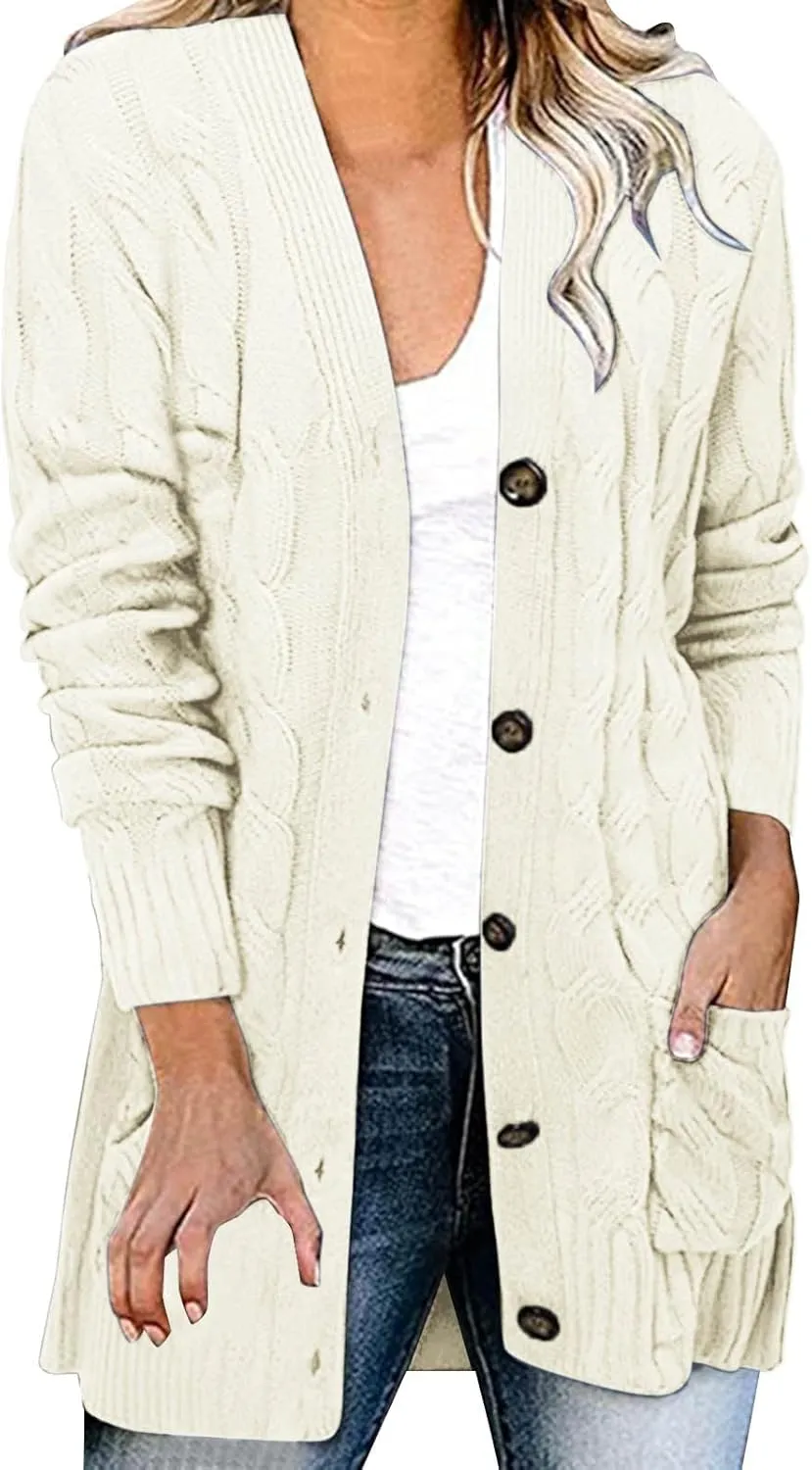 Women's Open Front Cardigan Sweaters Fashion Button Down Knit Chunky Coats 2024 Fall Long Sleeve Loose Outerwear