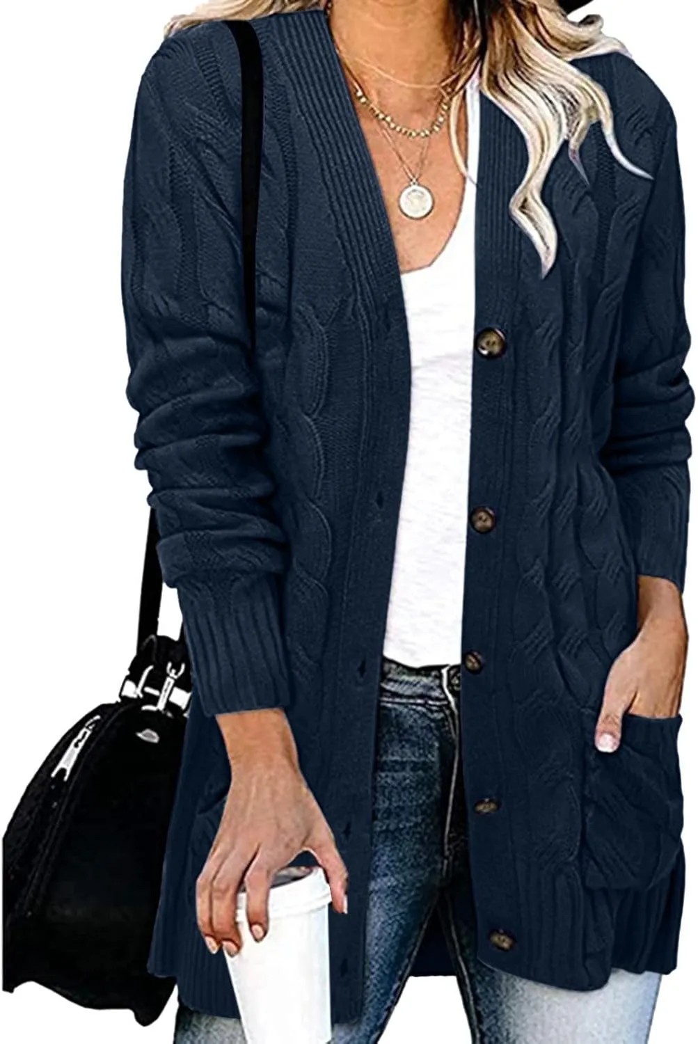 Women's Open Front Cardigan Sweaters Fashion Button Down Knit Chunky Coats 2024 Fall Long Sleeve Loose Outerwear