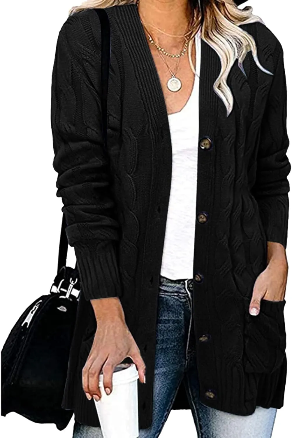Women's Open Front Cardigan Sweaters Fashion Button Down Knit Chunky Coats 2024 Fall Long Sleeve Loose Outerwear
