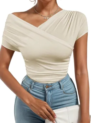 Women's Ruched Cross Wrap V Neck T Shirt Short Sleeve Slim Fit Crop Top Summer Business Casual Outfits Trendy