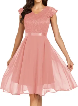 Women's Short Sleeve Bridal Friend Dress for Wedding Lace Chiffon Mid Length Formal Evening Dress Sexy Dresses