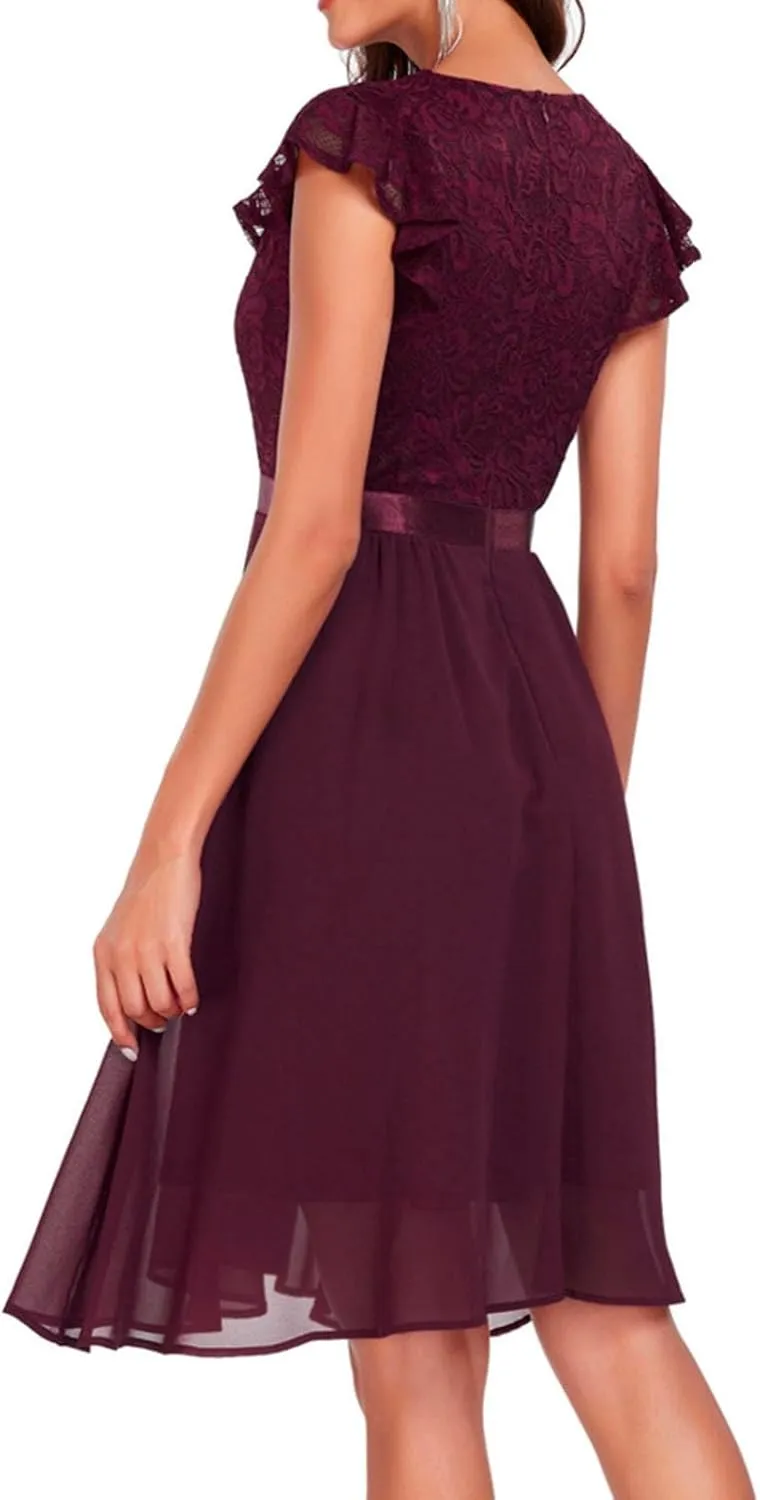 Women's Short Sleeve Bridal Friend Dress for Wedding Lace Chiffon Mid Length Formal Evening Dress Sexy Dresses