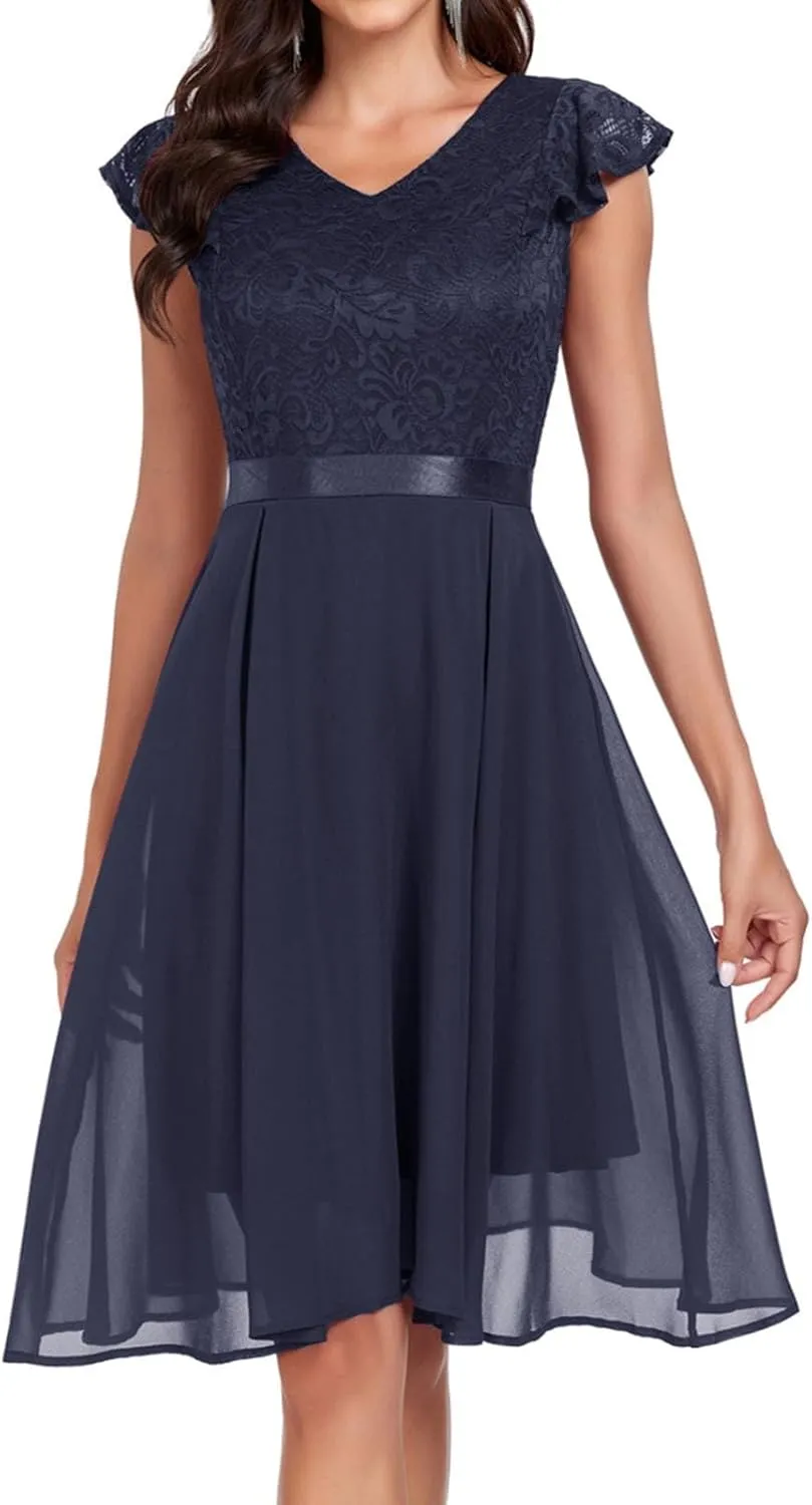 Women's Short Sleeve Bridal Friend Dress for Wedding Lace Chiffon Mid Length Formal Evening Dress Sexy Dresses