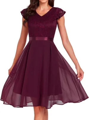 Women's Short Sleeve Bridal Friend Dress for Wedding Lace Chiffon Mid Length Formal Evening Dress Sexy Dresses