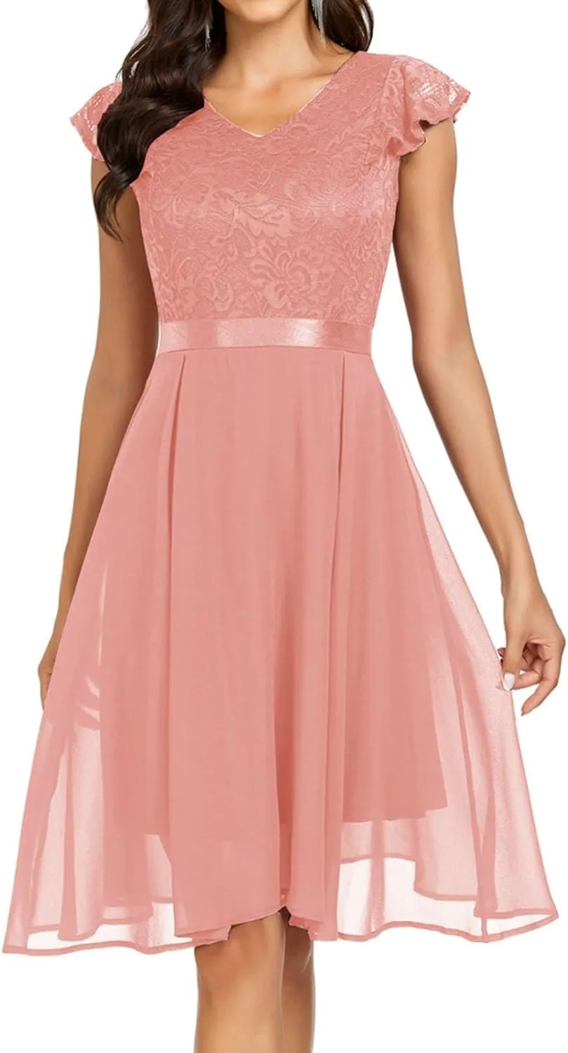 Women's Short Sleeve Bridal Friend Dress for Wedding Lace Chiffon Mid Length Formal Evening Dress Sexy Dresses