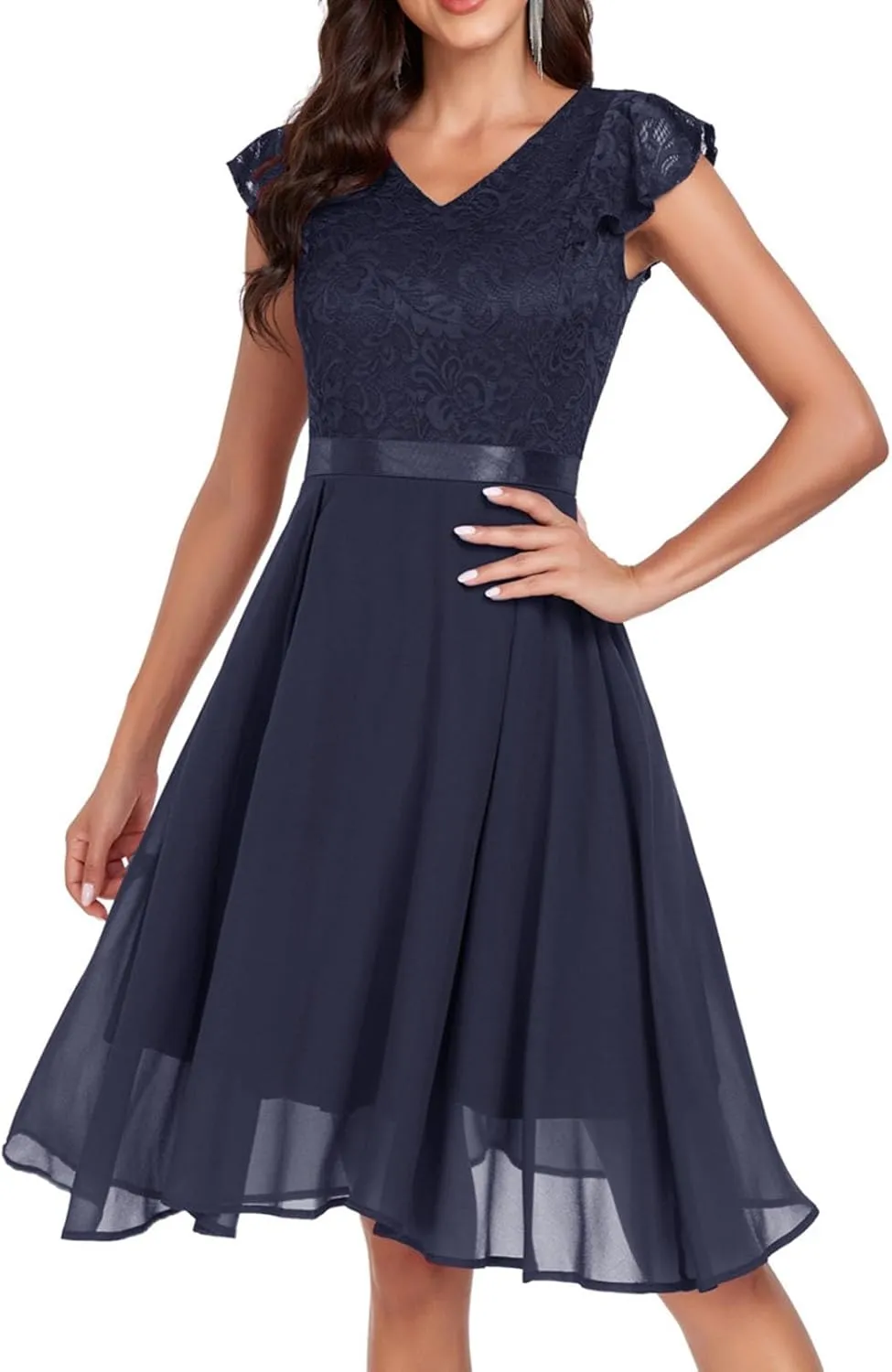 Women's Short Sleeve Bridal Friend Dress for Wedding Lace Chiffon Mid Length Formal Evening Dress Sexy Dresses