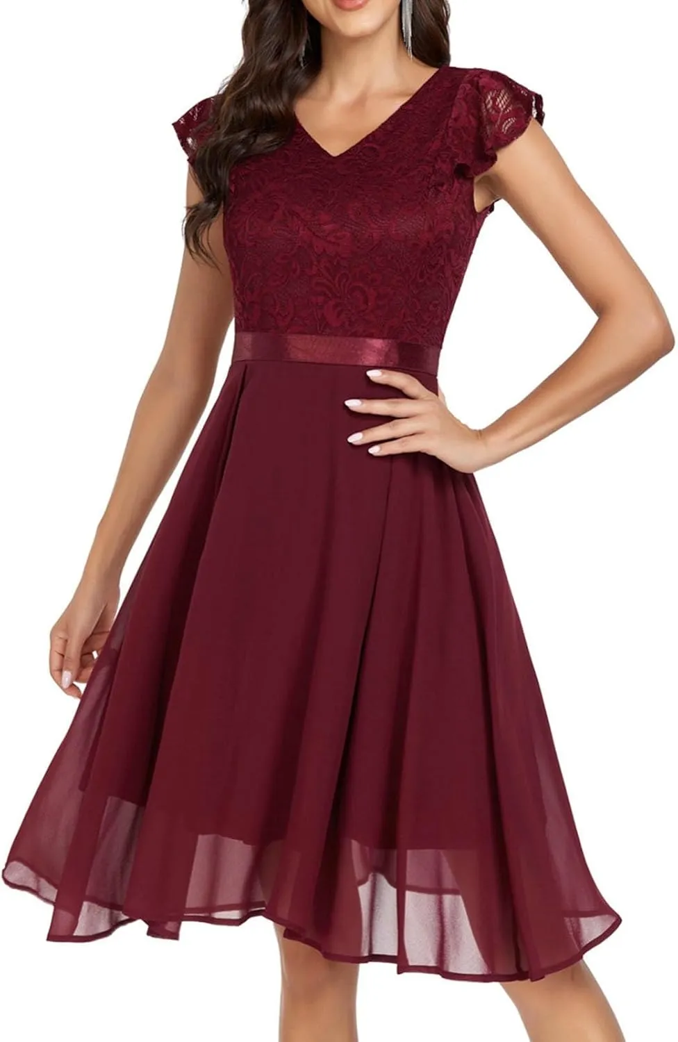 Women's Short Sleeve Bridal Friend Dress for Wedding Lace Chiffon Mid Length Formal Evening Dress Sexy Dresses