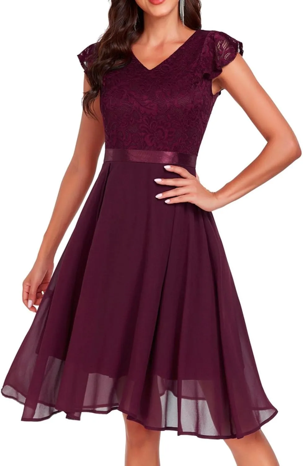 Women's Short Sleeve Bridal Friend Dress for Wedding Lace Chiffon Mid Length Formal Evening Dress Sexy Dresses
