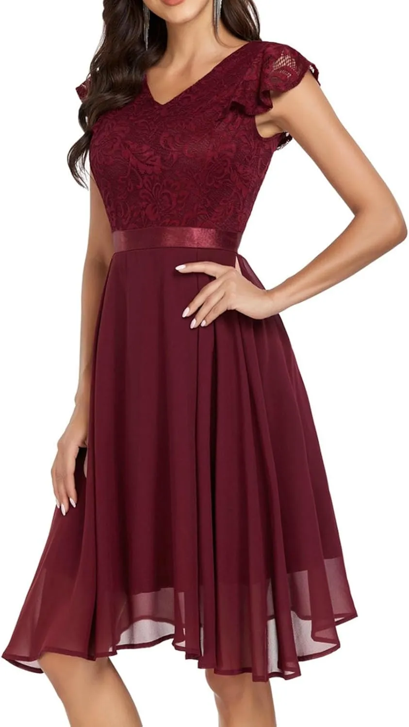 Women's Short Sleeve Bridal Friend Dress for Wedding Lace Chiffon Mid Length Formal Evening Dress Sexy Dresses