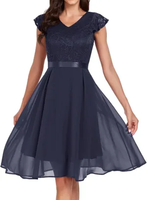 Women's Short Sleeve Bridal Friend Dress for Wedding Lace Chiffon Mid Length Formal Evening Dress Sexy Dresses