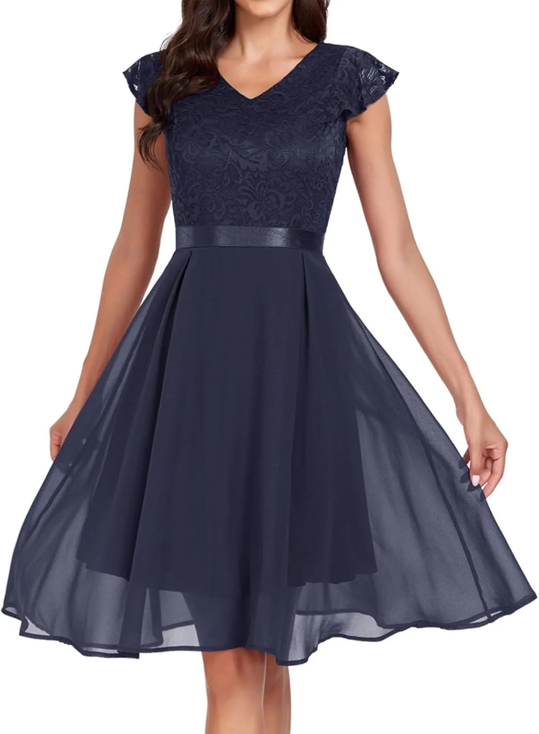 Women's Short Sleeve Bridal Friend Dress for Wedding Lace Chiffon Mid Length Formal Evening Dress Sexy Dresses