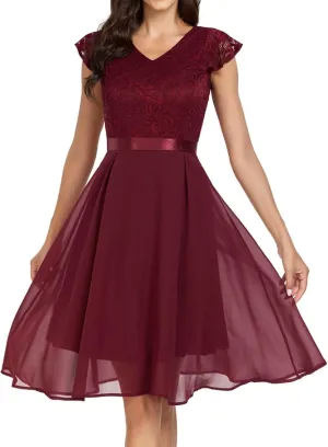 Women's Short Sleeve Bridal Friend Dress for Wedding Lace Chiffon Mid Length Formal Evening Dress Sexy Dresses