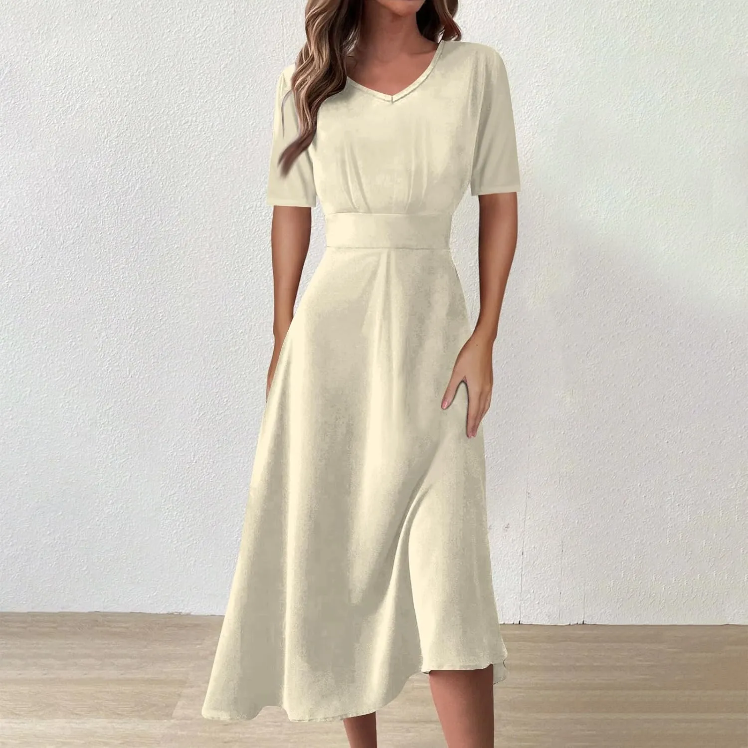 Womens Short Sleeve Dress Casual Solid Color V Neck Boho Dresss Loose Flowy 2024 Spring Summer Trendy Dresses