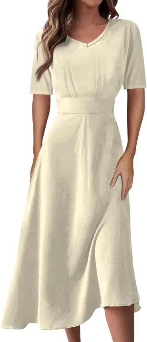 Womens Short Sleeve Dress Casual Solid Color V Neck Boho Dresss Loose Flowy 2024 Spring Summer Trendy Dresses