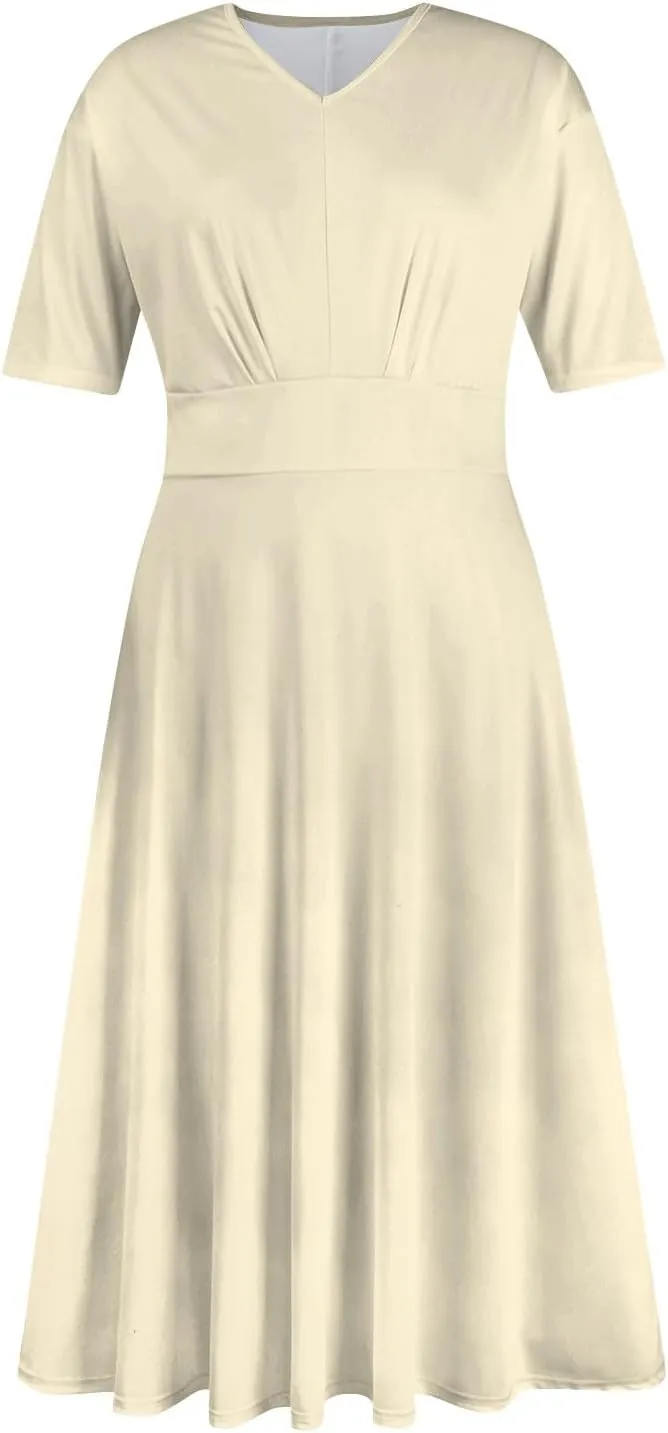 Womens Short Sleeve Dress Casual Solid Color V Neck Boho Dresss Loose Flowy 2024 Spring Summer Trendy Dresses
