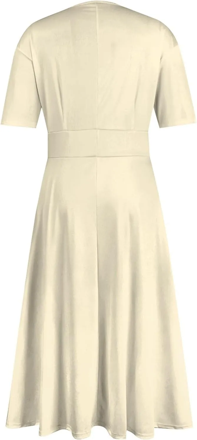 Womens Short Sleeve Dress Casual Solid Color V Neck Boho Dresss Loose Flowy 2024 Spring Summer Trendy Dresses