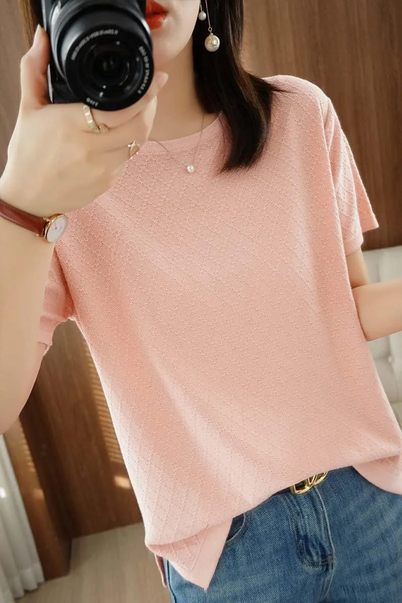 Womens Short Sleeve Sweaters Tops Summer Thin Pullover Cotton Knit Shirt Crew Neck Lightweight Pointelle Blouse