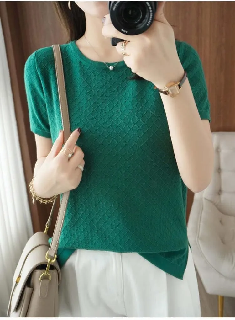Womens Short Sleeve Sweaters Tops Summer Thin Pullover Cotton Knit Shirt Crew Neck Lightweight Pointelle Blouse