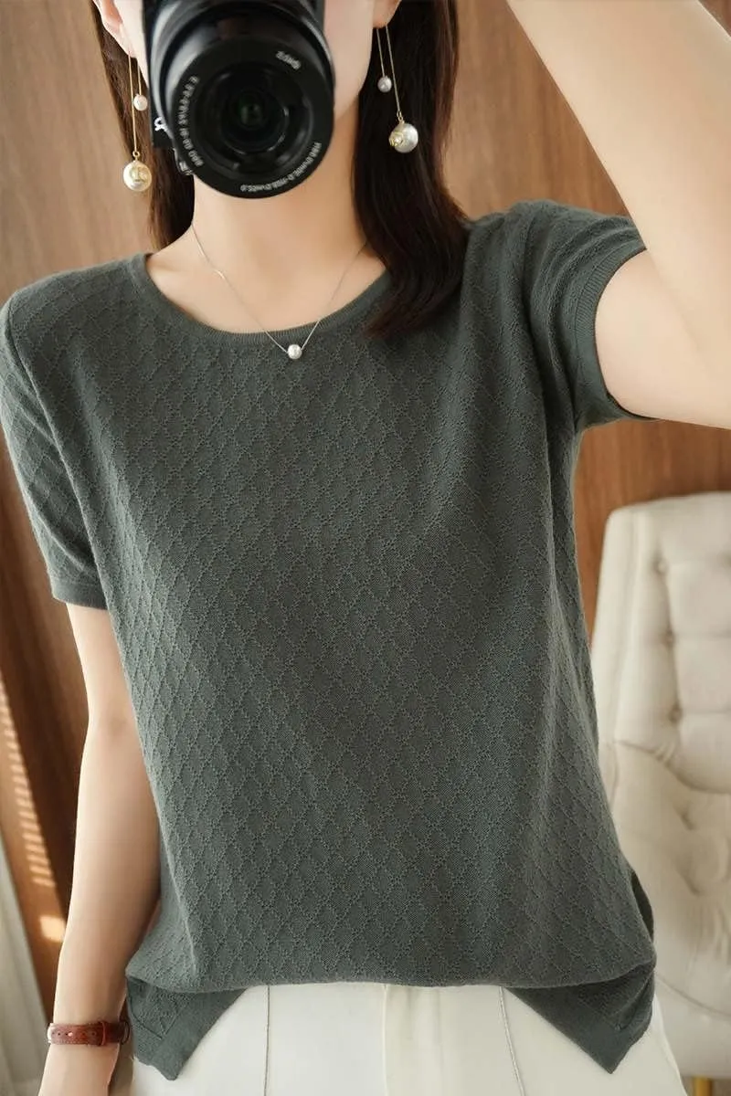 Womens Short Sleeve Sweaters Tops Summer Thin Pullover Cotton Knit Shirt Crew Neck Lightweight Pointelle Blouse