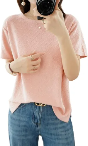 Womens Short Sleeve Sweaters Tops Summer Thin Pullover Cotton Knit Shirt Crew Neck Lightweight Pointelle Blouse
